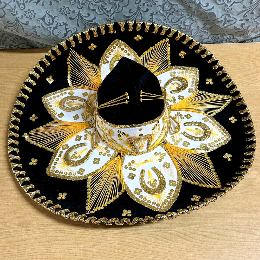 Vtg Pigalle Mexican Sombrero Black Gold Velvet